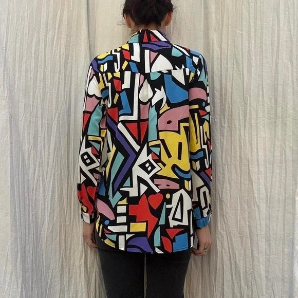 Multicolored Abstract Print Button Down Blouse Big Dart S/M Retro Bold Unique - Picture 5 of 6